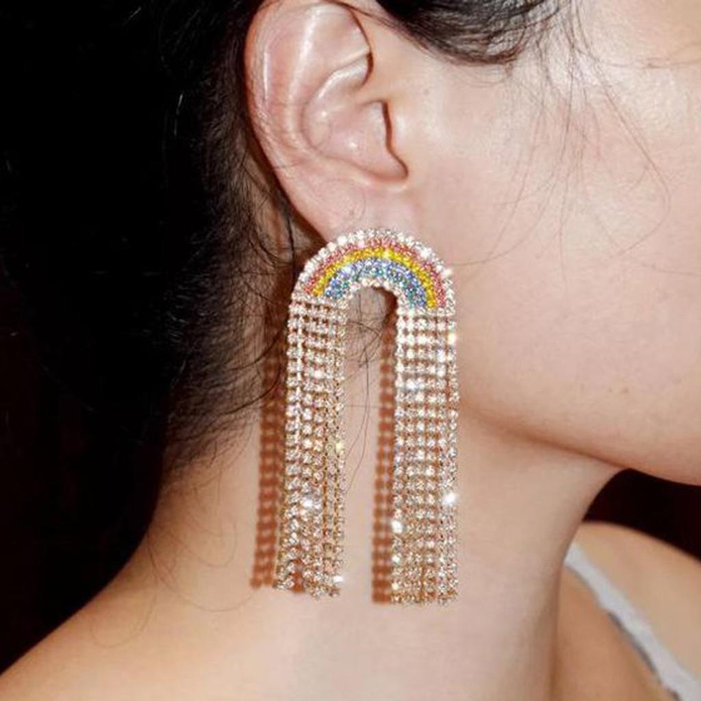 Orecchini a Frange a U con Strass alla Moda per Donna Orecchini Lunghi Multistrato Brillanti Esagerati Accessori Gioiello