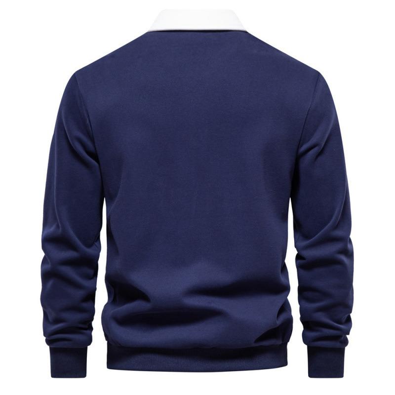 Men's Collared Pullover Sweatshirt, Loose Fit Color Block Cotton Sweatshirt, Ribbed Cuffs Casual Spring Fall Top