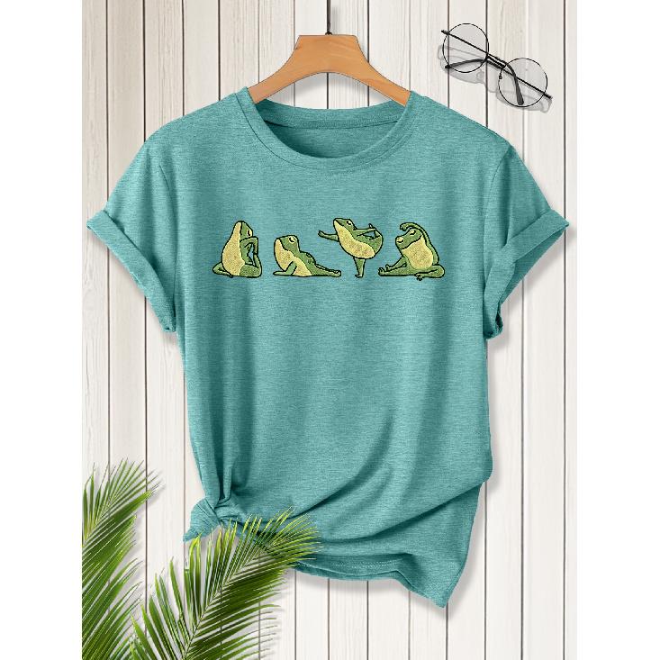 Elegant short-sleeved dress for women Cute Yoga Frog Print Crew Neck T Shirt Suitable for spring wear Summer Autumn Winter fashion