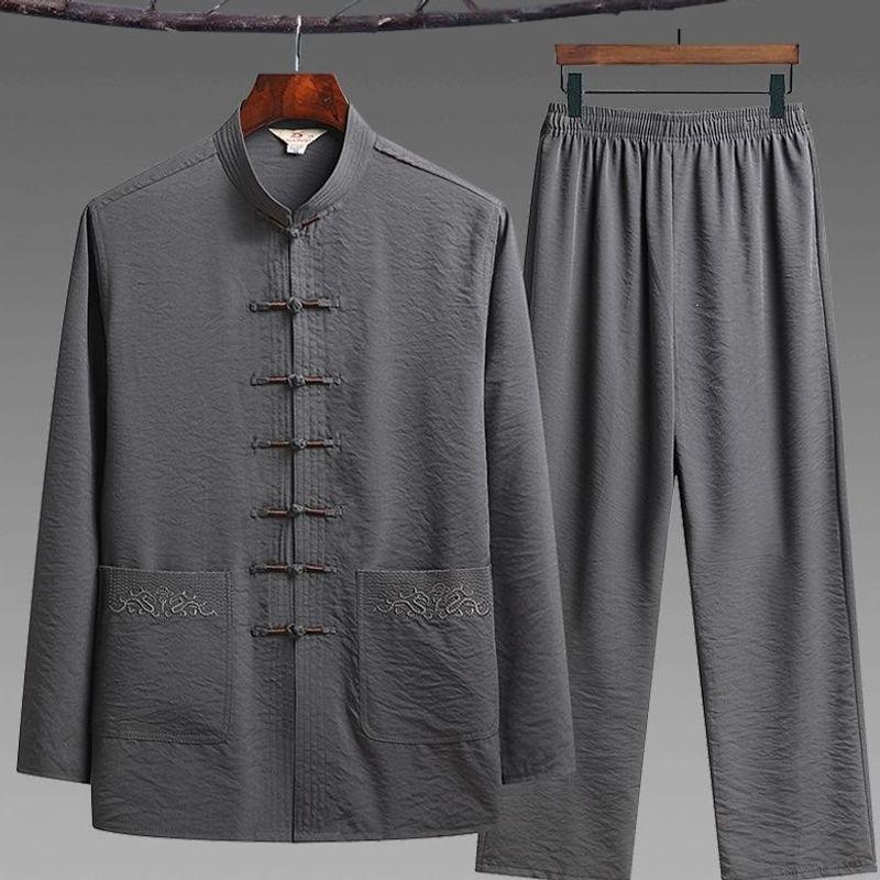 Men's Tang Suit Ice Silk Set - Long-Sleeve Chinese Tai Chi Hanfu for Spring/Summer