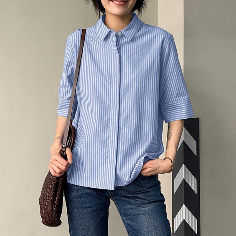 ZANZEA Women Casual Turn Down Collar Loose 3/4 Sleeve Stripe Blouse