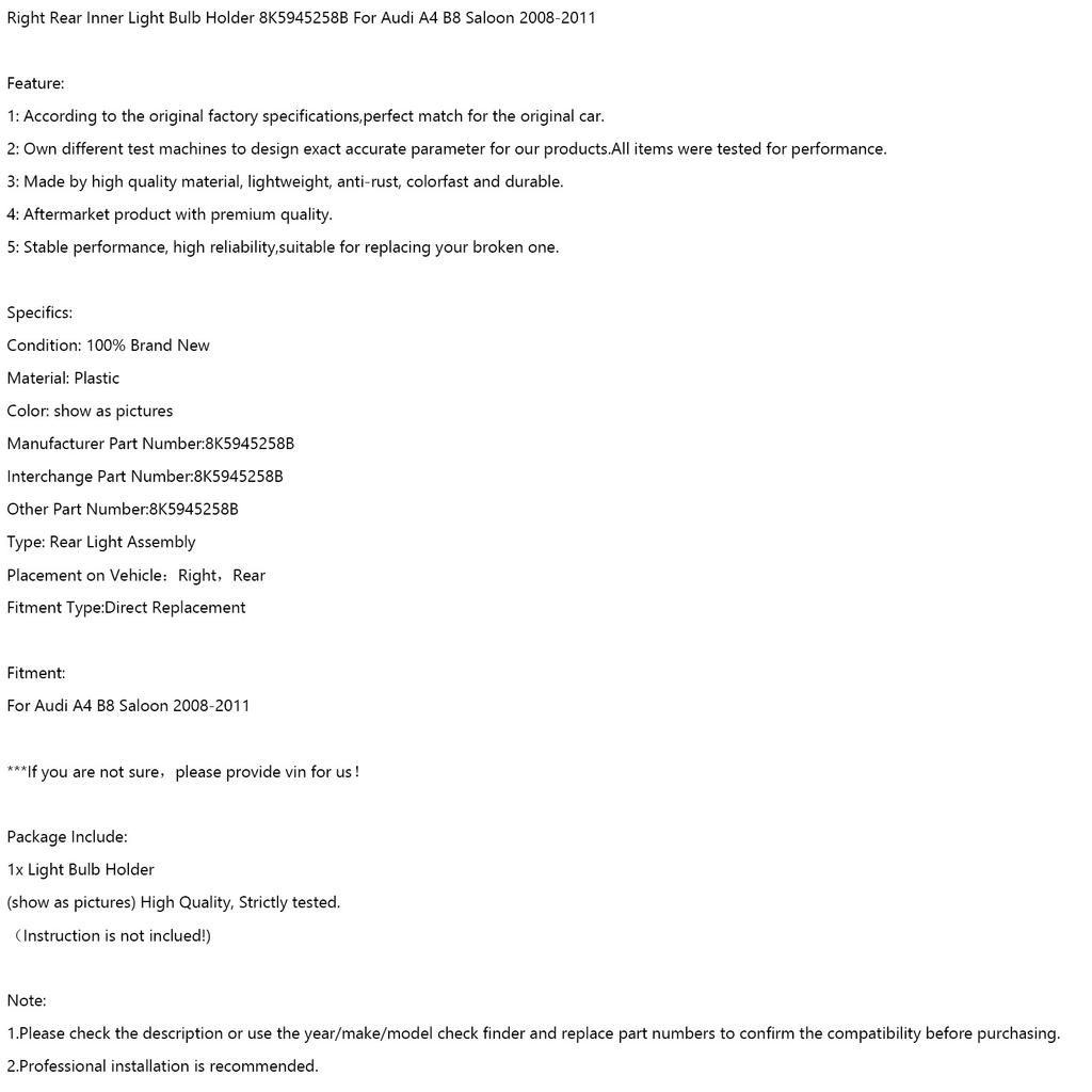 Biltilbehør Erstatning Bakre Indre Pæreholder 8K5945257B for B8 Sedan 2008-2012 Reparasjonsdeler