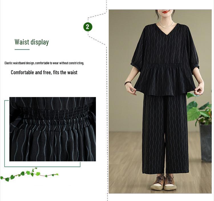 Real Shot 2025: Chic Slimming Plus-Size Summer Two-Piece Set with Light Mature Style and Wide-Leg Pants