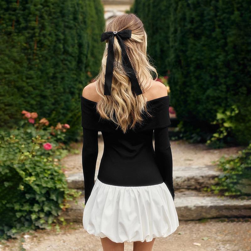 European & American Sexy Off-Shoulder Black & White Patchwork Slim Bubble Dress - Long-Sleeved, Autumn/Winter Collection.