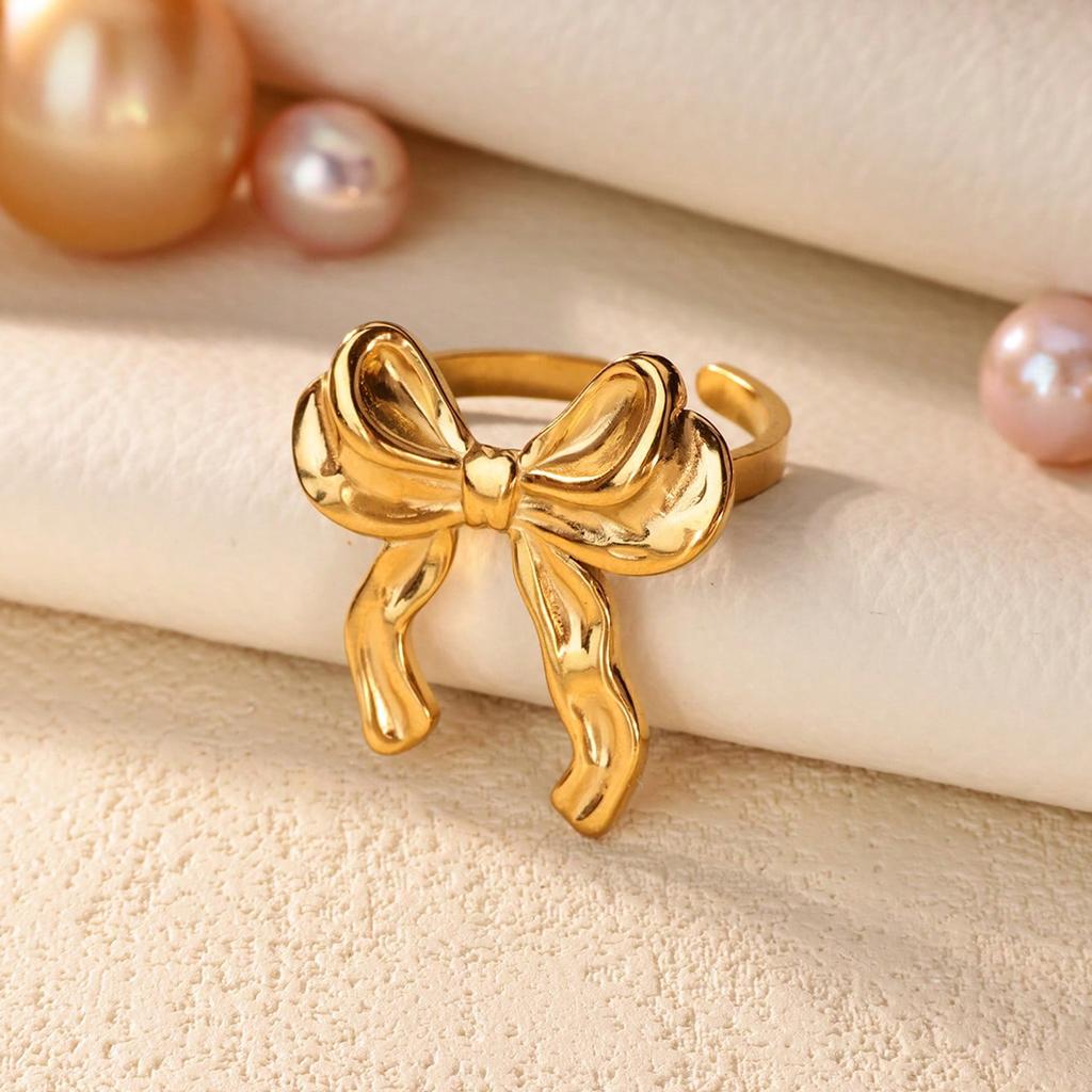Ribbon Bow Stainless Steel Rings for Women Mama 18K Gold-plated Anti Fading Open Ring Wedding Jewelry Vacation Accessories Gifts