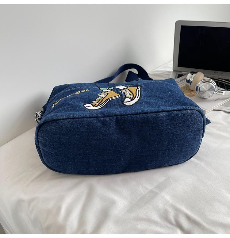 Korean Style Color Block Embroidery Denim Bag - Versatile Large Capacity Shoulder & Crossbody Bag