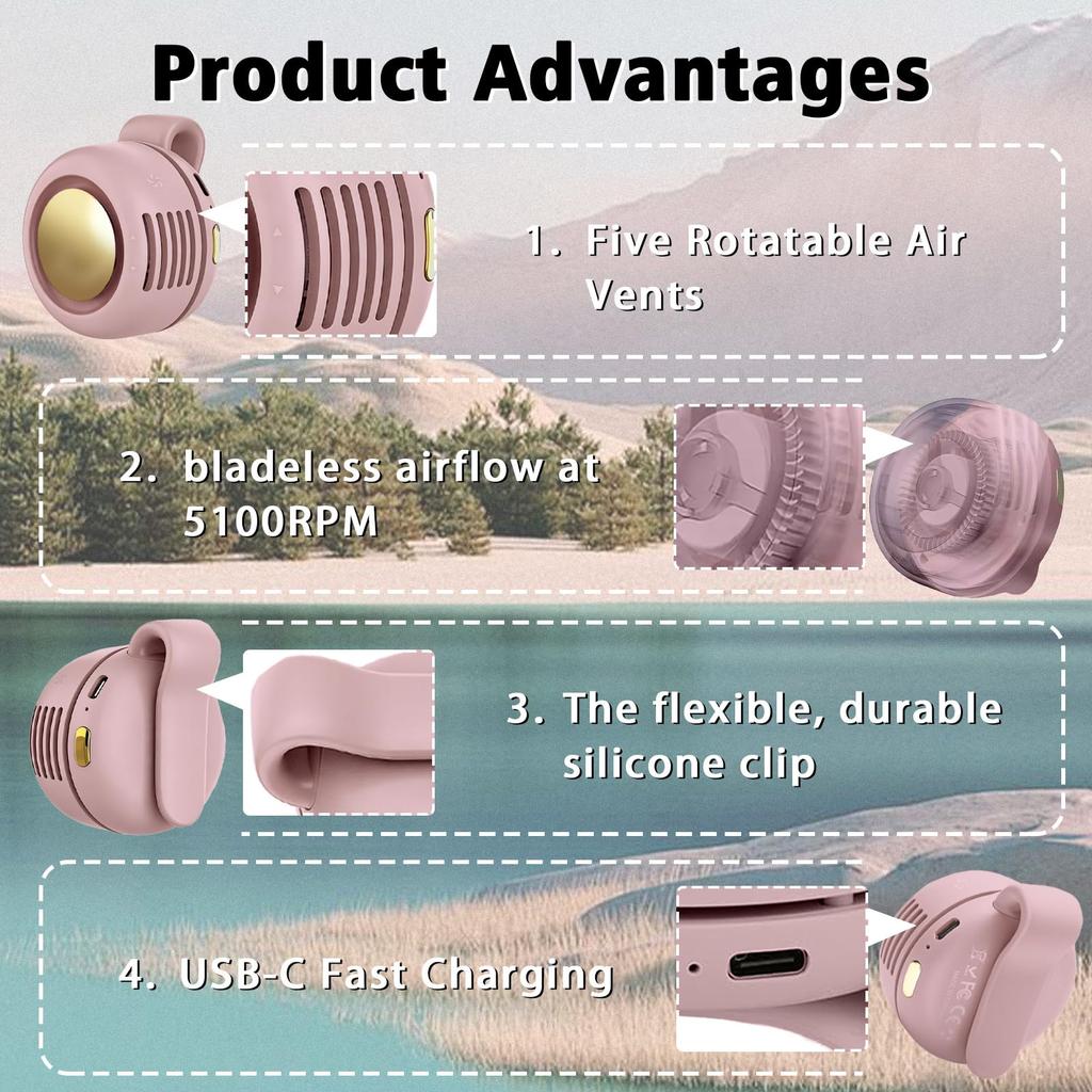 Portable Mini Bladeless Fan Hands Free Clip On Waist Shirt Cooling Fan 3 Speed Silent for Camping Hiking Office