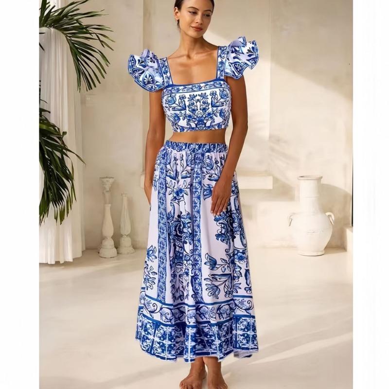 1SET women's sunscreen swimsuit gauze skirt printed swimsuit women's bikini