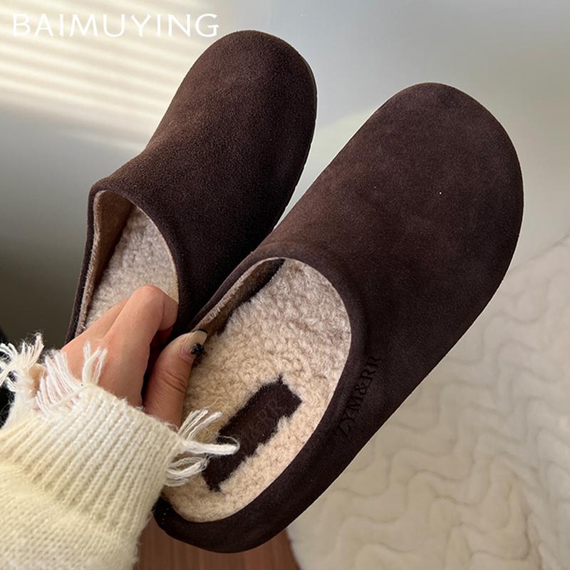 Fur Women Cotton Slippers Suede Flats Fashion Mules Shoes Casual Slingback Boots Woman 2025 Trend Winter Cozy Femme Snow Botas