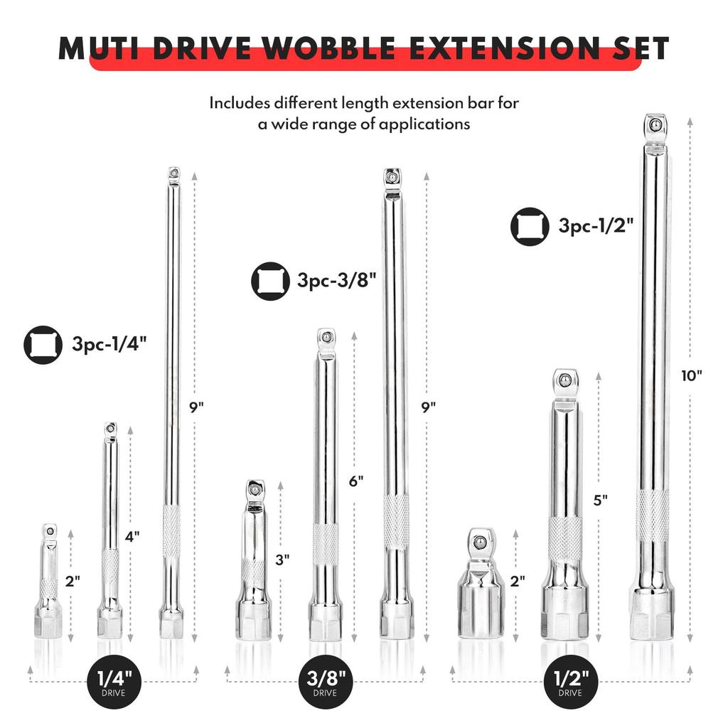 9Pcs Wobble Socket Extensions Set, Ratchet Extensions 1/4" 3/8" 1/2", Wobble Extensions, Drive Socket Extension Length Bar Set