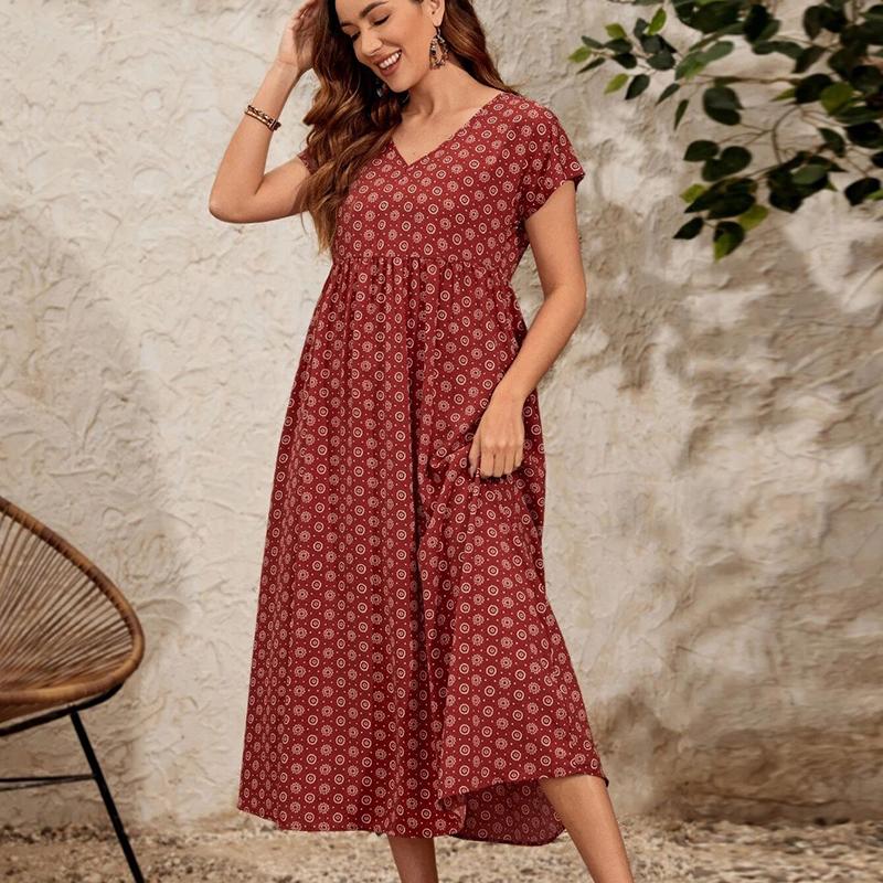 Letnia sukienka vintage z krótkim rękawem i dużym rozmiarem, damska, dekolt w serek, elegancka, swobodna, długa sukienka, damska, linia A, nadruk, luźne, oversize'owe sukienki damskie 24517