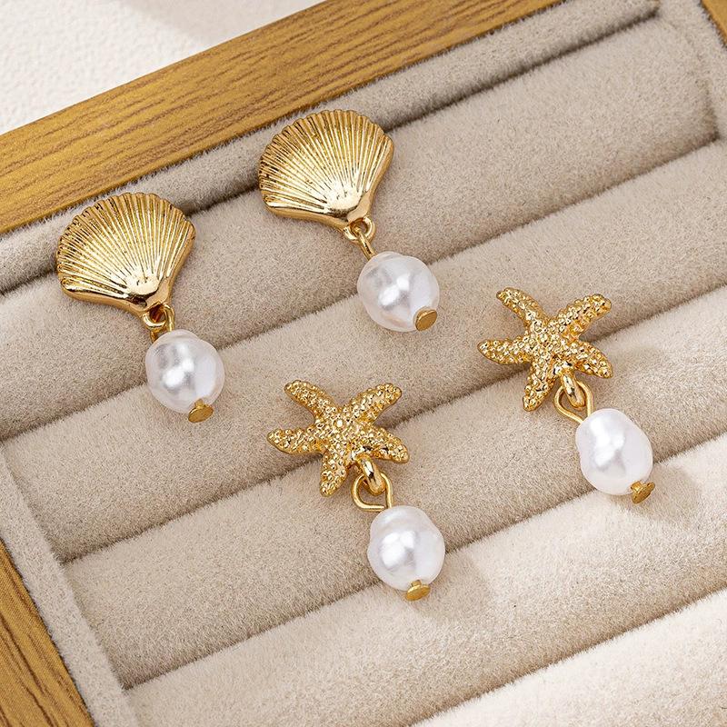  Creative Star Seashell Zircon Earrings 6 Piece Set for Women Electroplated Alloy Vacation Style Fresh and Sweet