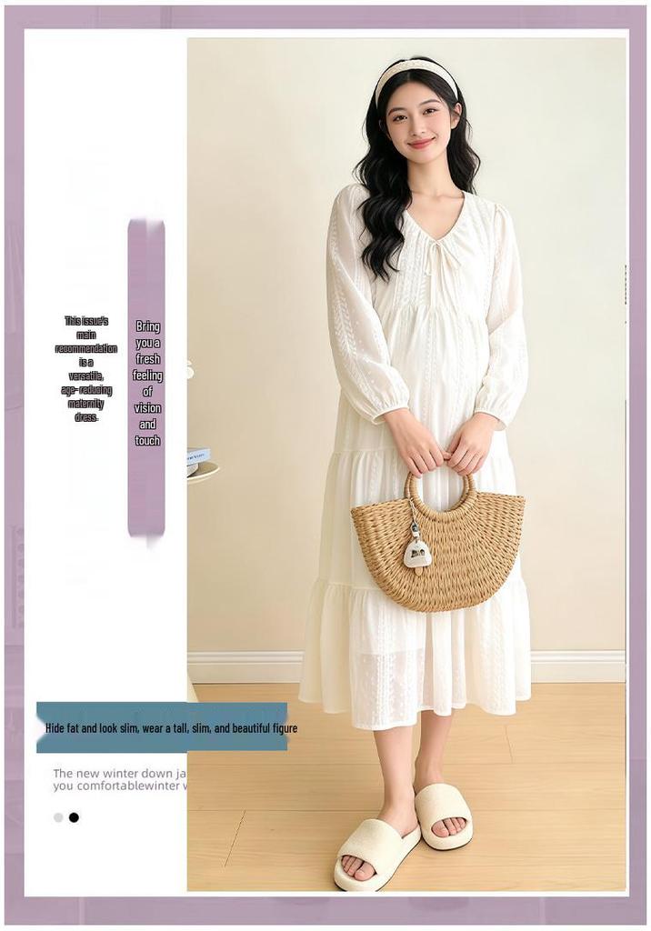 Spring 2026 Korean Maternity Fashion: Simple, Loose-Fit, Embroidered Long-Sleeve Dress, Plus Size