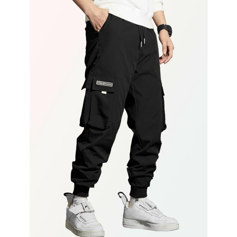 Men Drawstring Elastic Waist Multi Pocket Cargo Pants Ankle Cuffed Jogger Casual Street Trousers
