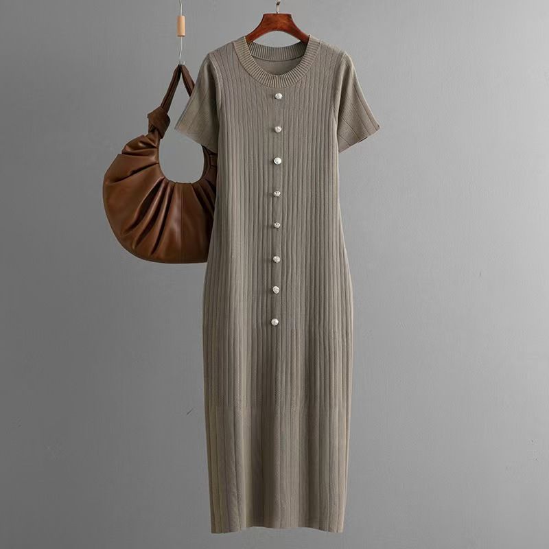 

Fashion Style Fashion round Neck Single-Breasted Short Sleeve Knitting Dress Knitted Solid Color Dress CAMEL All yards