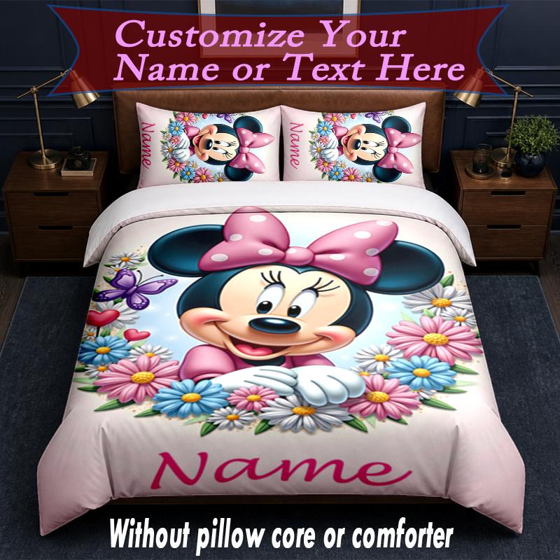Custom Name Minnie Mouse Ears Pink Bow Duvet Cover Set - Without Core and Quilt, Machine Washable