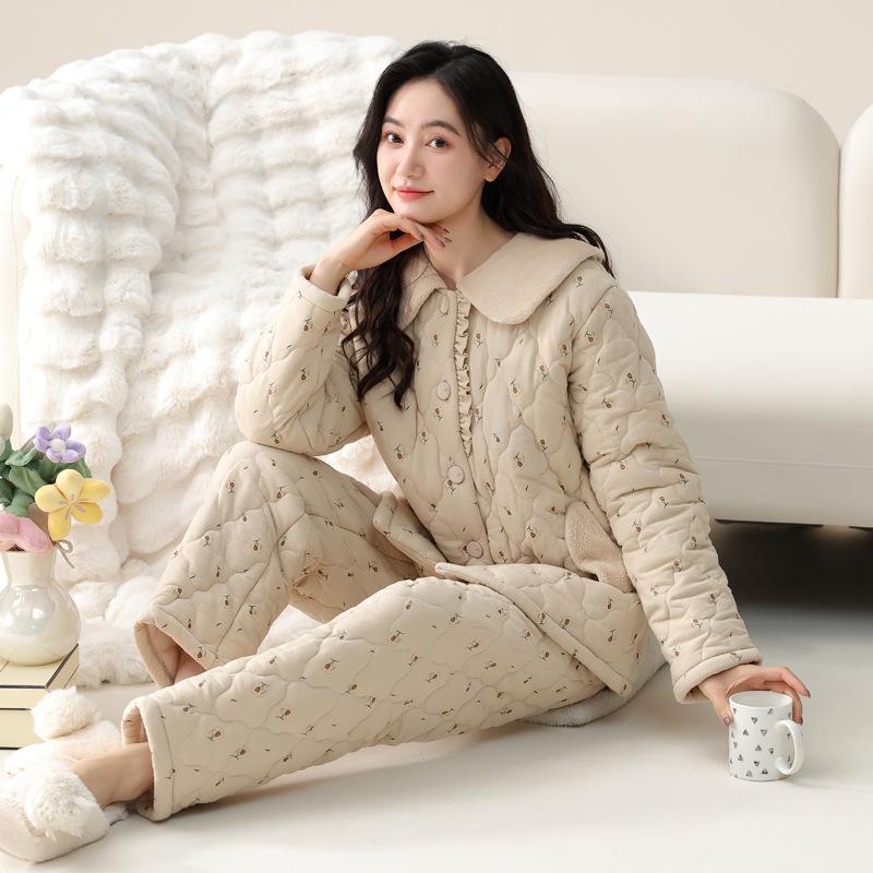 Pajamas Women'S Winter Three-Layer Thickened Fleece Woven Padded Cotton Women'S Autumn And Winter Coral Fleece Winter Padded Jacket Loungewear