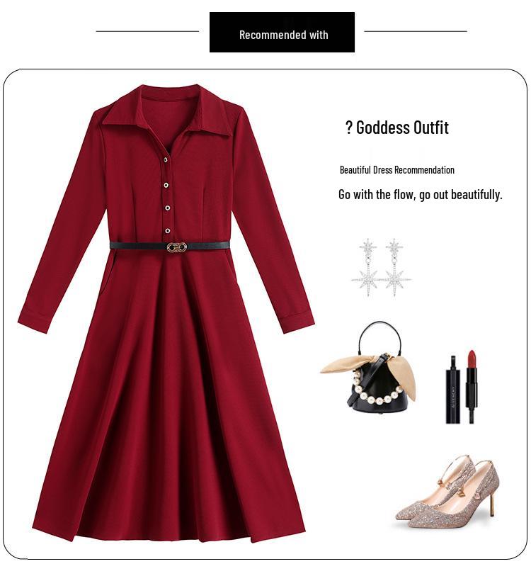 Trendy Korean Style Patchwork Waist-Cinched Mid-Length Dress for Women - 2026 Spring/Autumn