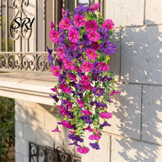 Water-free Flower Decor Artificial Flowers for Outdoor, Fake Hanging Morning Glory with Eucalyptus Leaves, UV No Maintenance Resistant Faux
