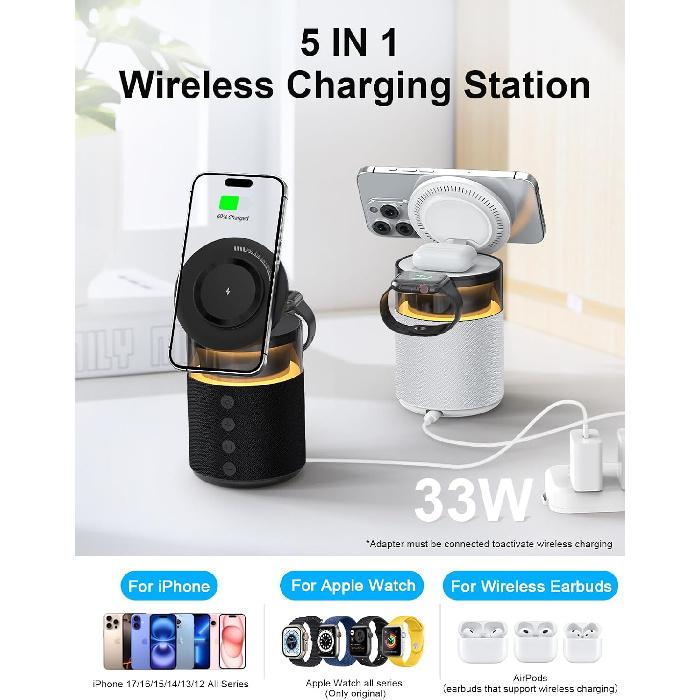 5-in-1 Wireless Charging Station with Bluetooth Speaker,Magnetic Charger with Night Light,Charger Stand with 33W Adapter Compatible with Apple