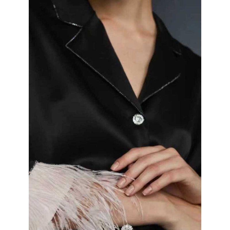 Dutch Original Order ~ Diamond Buckle Black Feather Nightdress Women's Detachable Long Sleeves Pants Single-Breasted Suit Homewear