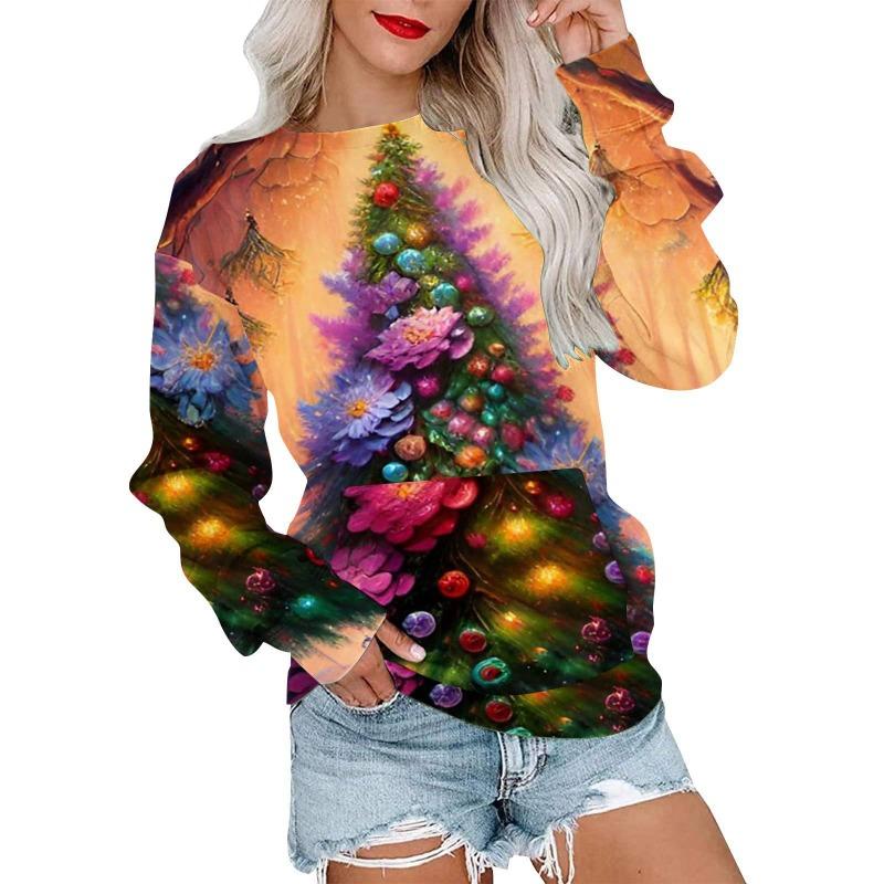 Autumn Winter Fashion Christmas Series Christmas Tree Elk Printed Pocket Round Neck Hoodie