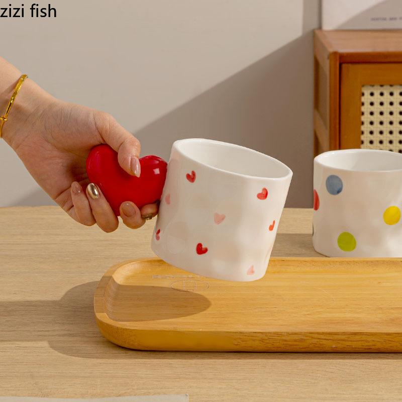Creative Heart Shaped Ceramic Mug High Beauty Polka Dot Coffee Mug Office Cute Milk Cup Breakfast Cup Household Water Cups