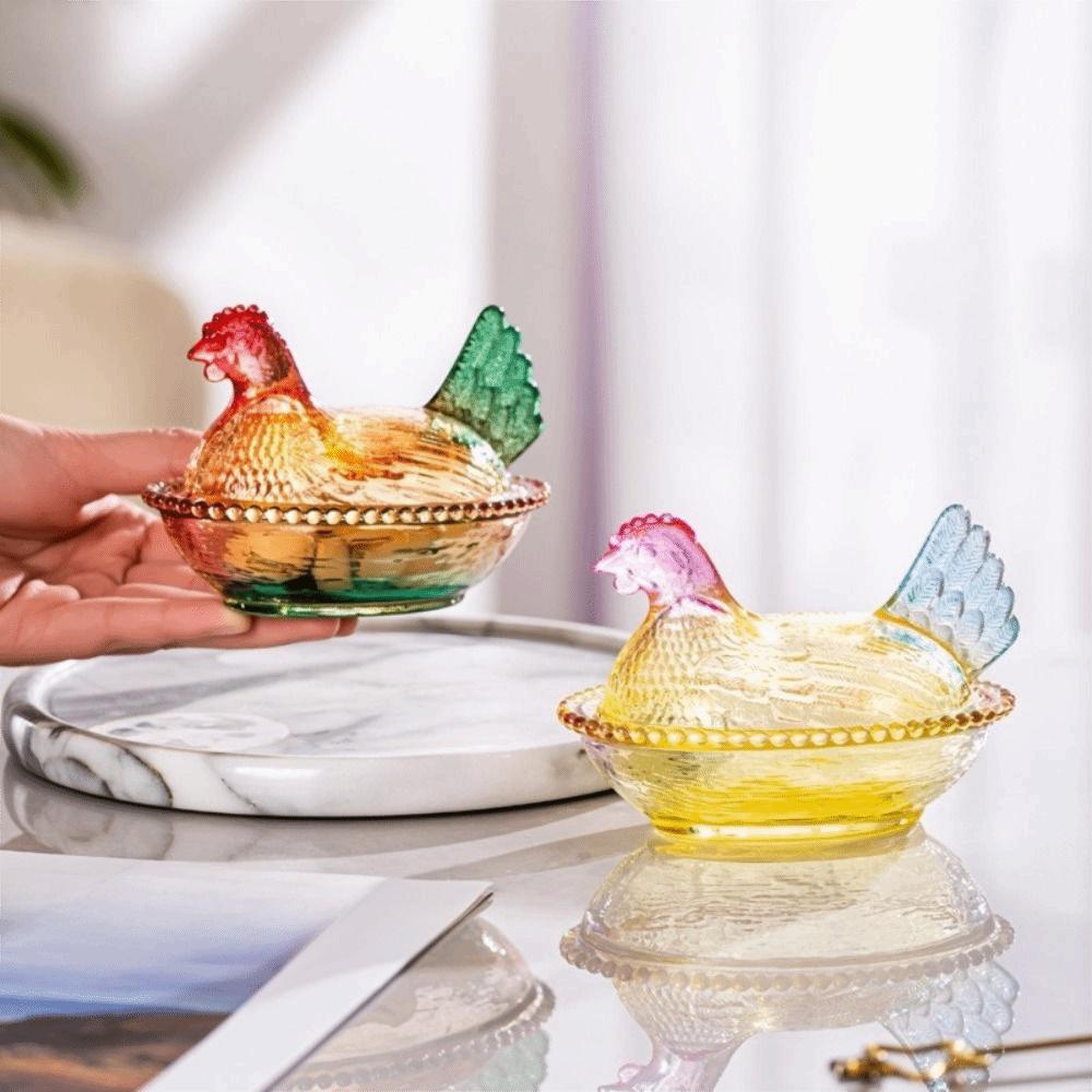 Cute Glass Chicken Shaped Storage Jar Smooth Color Decorative Hen on Nest Candy Dish with Lid Thickening Hen Candy Dish Home