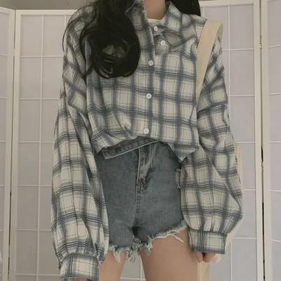 Damen Koreanischer Stil Retro Karomuster Locker geschnittene Langarm Hemdjacke