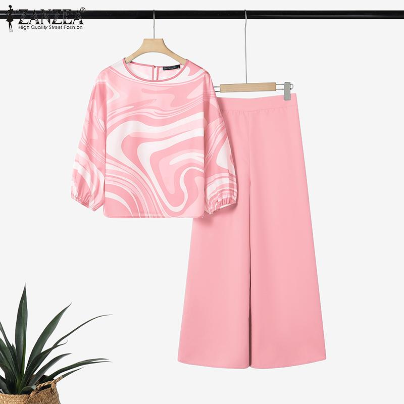 ZANZEA Damen Langarm Print Bluse und Hose Lässige Zweiteiler Anzugsets