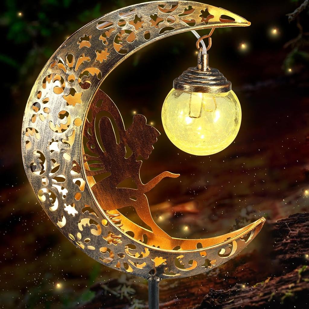 1pc Moon-Shaped Solar-Powered Metal Fairy Lantern - Waterproof LED Landscape Light Perfect for Patio and Yard Decor