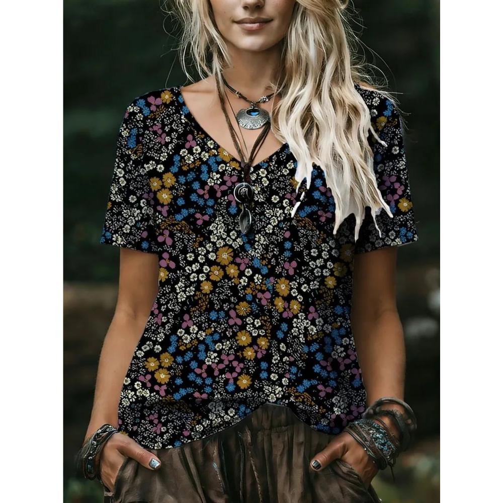 Fashion Versatile Flower Printed V-Neck Top Women's Short Sleeve Casual Comfortable T-Shirts Women’s