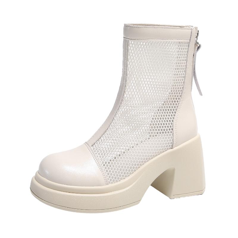 

Fashion Fashion Round Toe High Heels Women s Sandals 2025 Summer Waterproof Platform Thick Bottom Short Boots Mesh Casual Women s Boots 40 бежевый