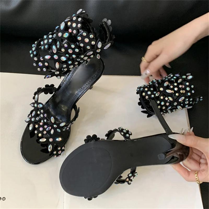Fashion Eilyken Street Style Flower Crystal Rhinestone Pointed Toe Women Sandals  Sexy Ankle Strap Thin High Heels Banquet Wedding Shoes