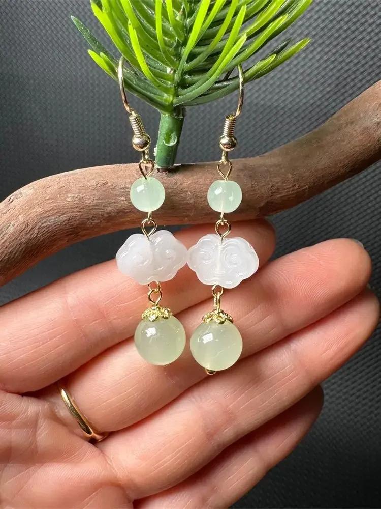 Vintage 14K Gold HeTian Jade RuYi Dropping Dangle Earring Chinese Retro Hook Earrings for Women Girl's Gift Jewelry