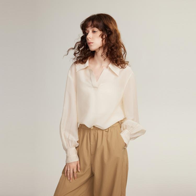 ELLE French Design Elegant High-End Unique Quality Long Sleeve Shirt Women tops Off-White EM48781