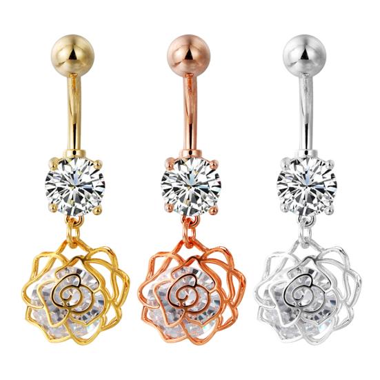 Belly Button Rings Stainless Steel Hollow Flower Dangle Body Piercing Jewelry Rhinestone Navel Ring for Women