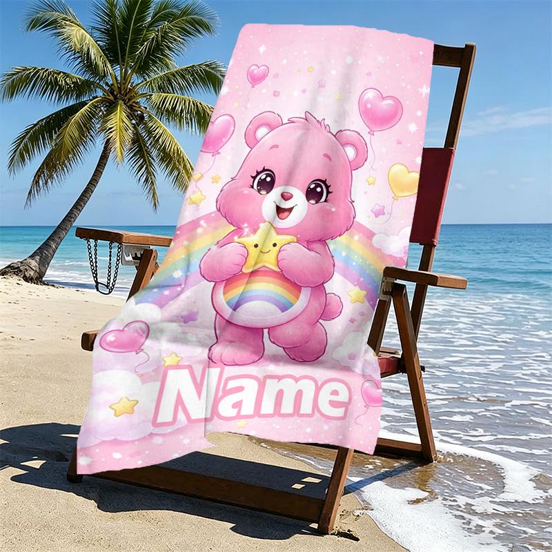 Custom Name Personalized Care Bears Print Beach Towel, for Trip Camping Beach Party Home Decor, Birthday Gift for Family & Friends