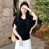 Laoqian Feng's Outfit: Plaid Collar, Ruffled Collar, Shoulder-slit, Knitted Short-sleeved T-shirt, Women's Summer Irregularly Cut Off-shoulder Top