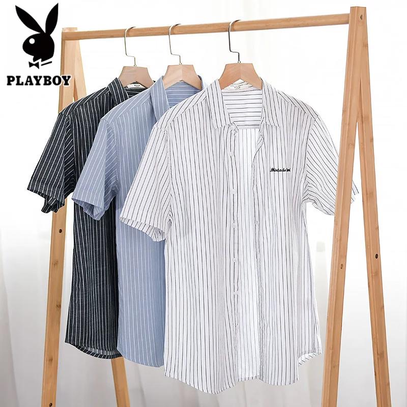 PLAYBOY Men's Short-Sleeve Striped 100% Cotton Casual Shirt