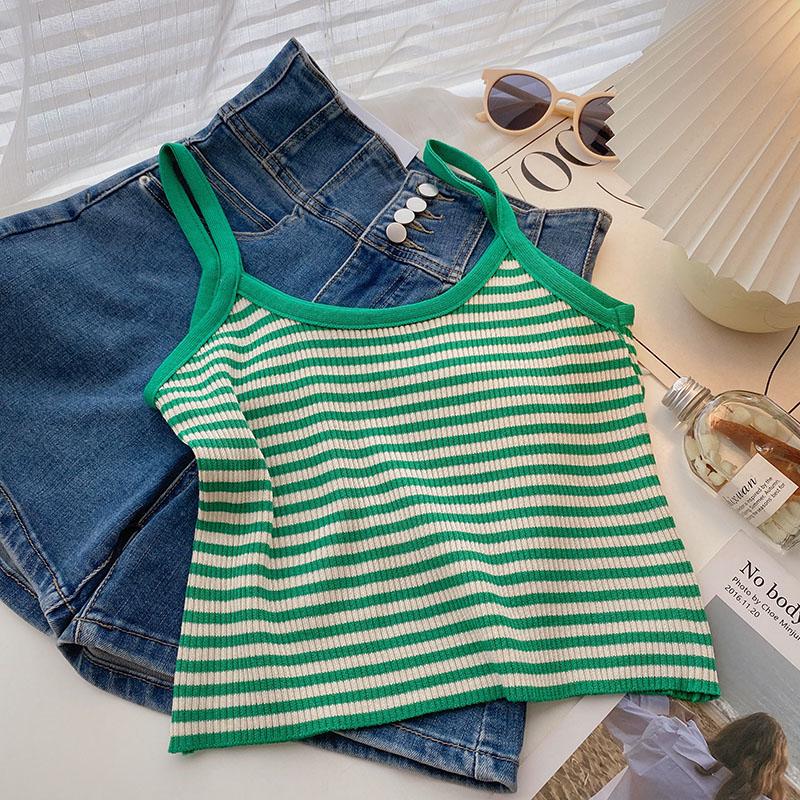 Women's Casual White&Green Striped Knitted Crop Top Korea O-Neck Female Multi Color Optional Striped Knitted Tank Top