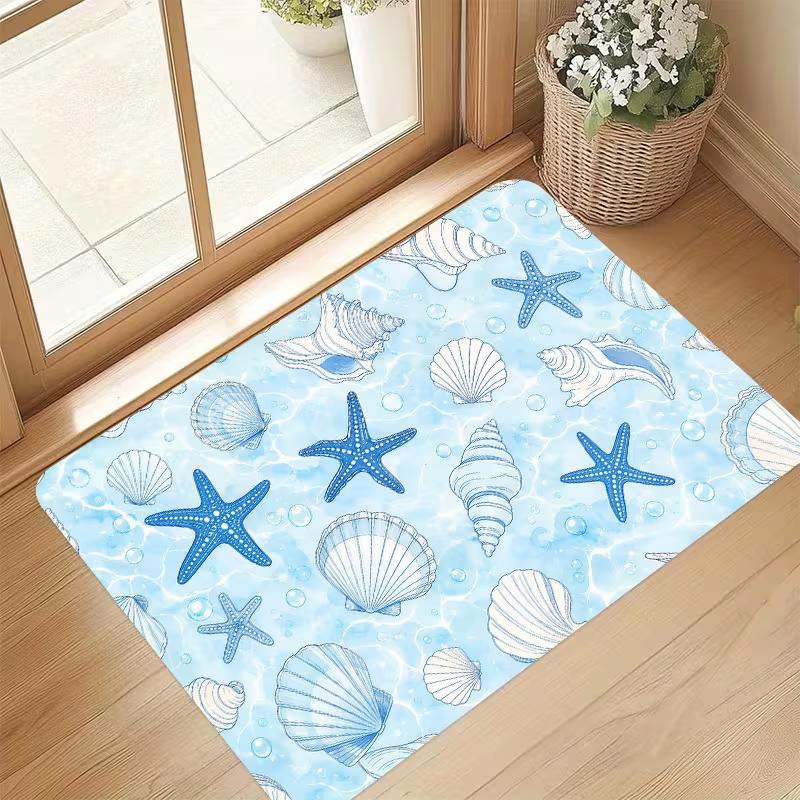 Tropical Blue Beach Sea Wave Starfish Conch Coral Doormat Summer Ocean Print Soft Entrance Rug Indoor Outdoor Carpet