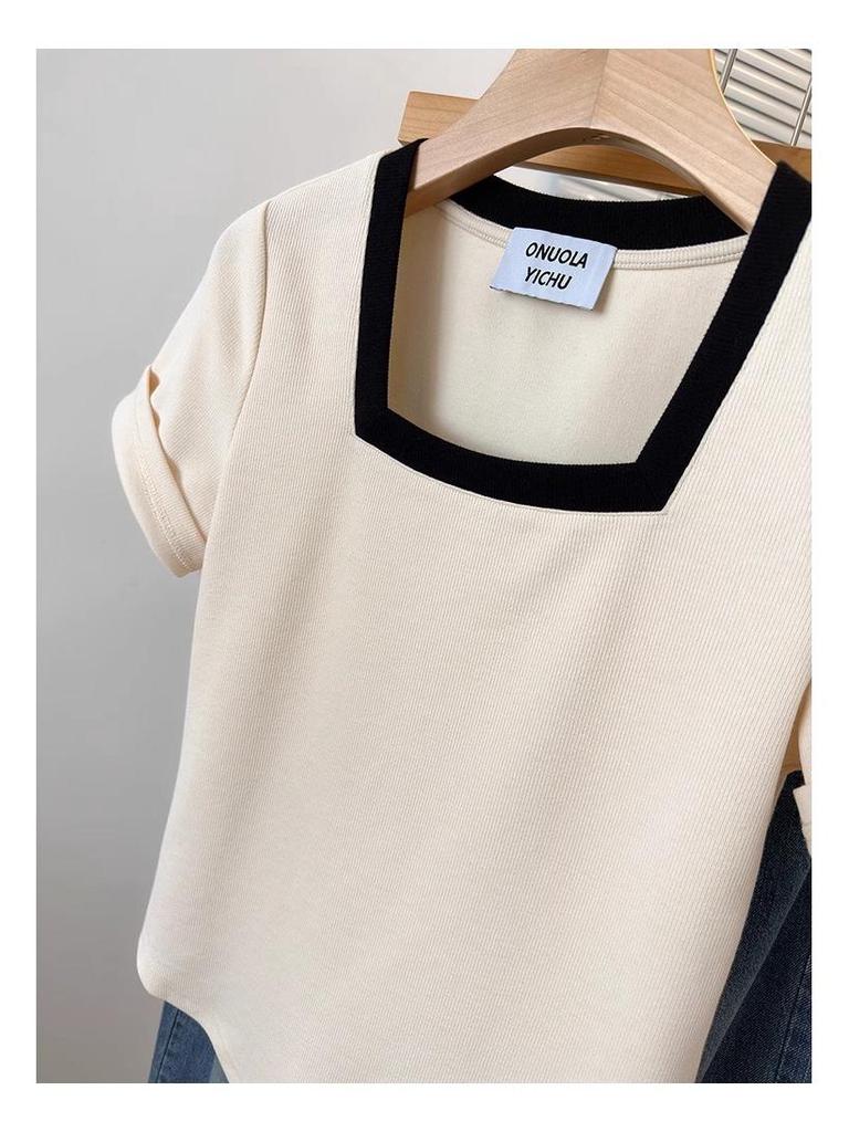 Plus Size Women's Stylish Square Neck Short Sleeve Summer T-shirt - Pure Cotton, Slimming, Up to 200 Jin.