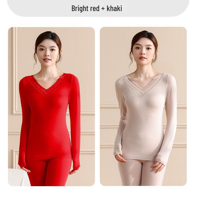 Women's Lace V-Neck Thermal Underwear Set - Slimming, Shaping, Heat-Generating Cotton