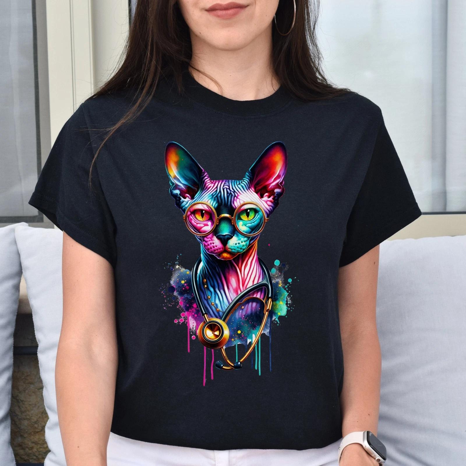 Sphynx cat nurse doctor Color Splash Unisex T-shirt Black Navy Dark Heather 3XL