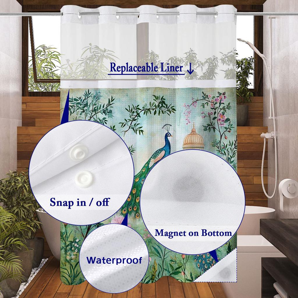 Duschvorhang mit No-Hook-Pfau-Muster, mit einknöpfbarem Stofffutter, transparentem Oberfenster, wasserdichter Doppelschicht-Badewannenvorhang