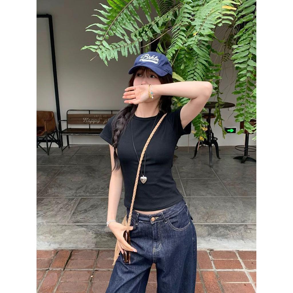 Front shoulder round neck slim-fitting short-sleeved T-shirt women's summer new Spice Girl pinched waist and thin short top trendy