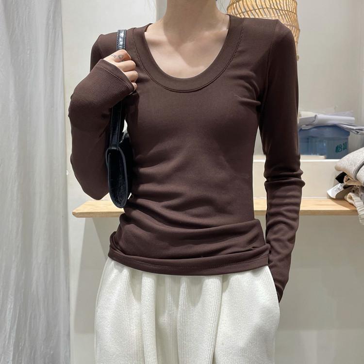 

Женская футболка с U-образным вырезом, облегающая и универсальная, в стиле французской ранней осени, однотонная, с низким воротником и внутренней частью ключицы XL коричневый