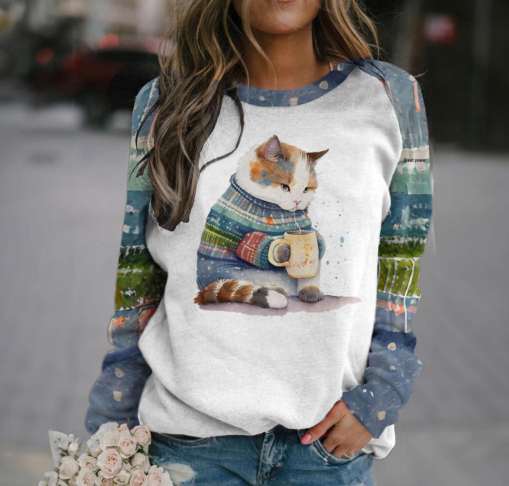 Women's Cross-Border Digital Print Raglan Round Neck Hoodie for Spring & Autumn