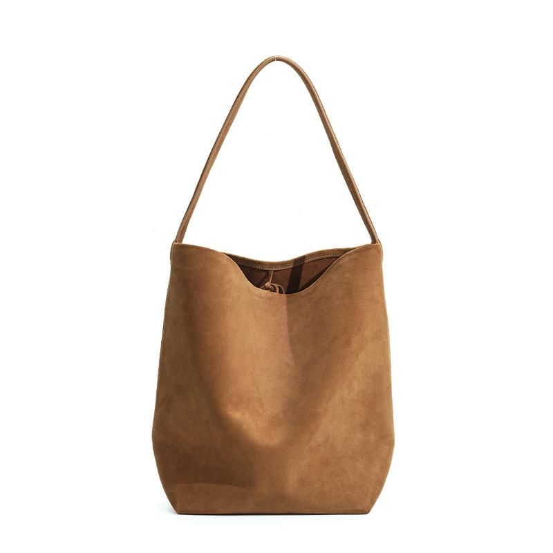 Retro suede suede premium bucket bag, matte cowhide large-capacity portable shoulder tote bag.